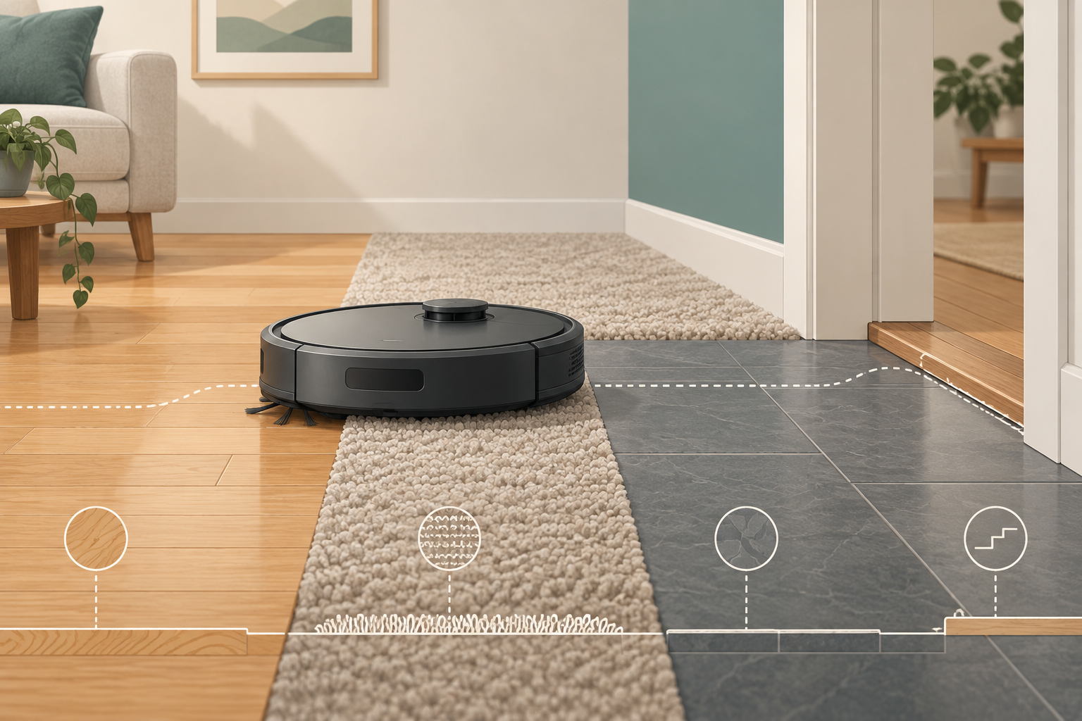 Robot Vacuum for Tile Floors: Grout, Edges, and Sticky Spills editorial illustration